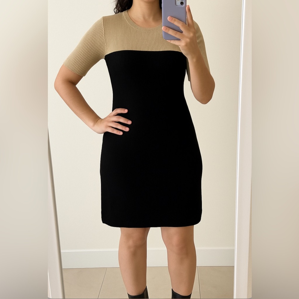 Theory Black and Tan Ribbed Sweater Dress - Picture 2 of 7